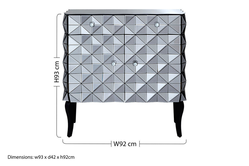 Orsina Soho Mirrored Accent Cabinet – Silver Geometric 2-Door Storage