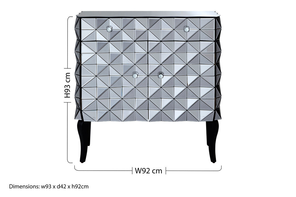Orsina Soho Mirrored Accent Cabinet – Silver Geometric 2-Door Storage