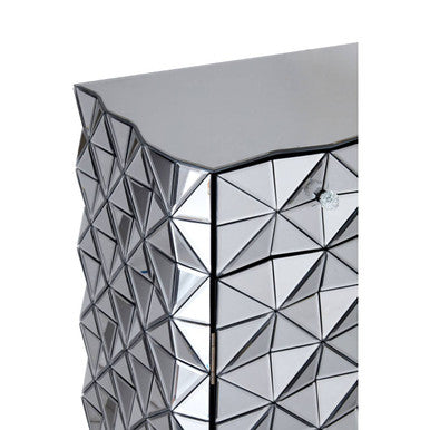 Orsina Soho Mirrored Accent Cabinet – Silver Geometric 2-Door Storage