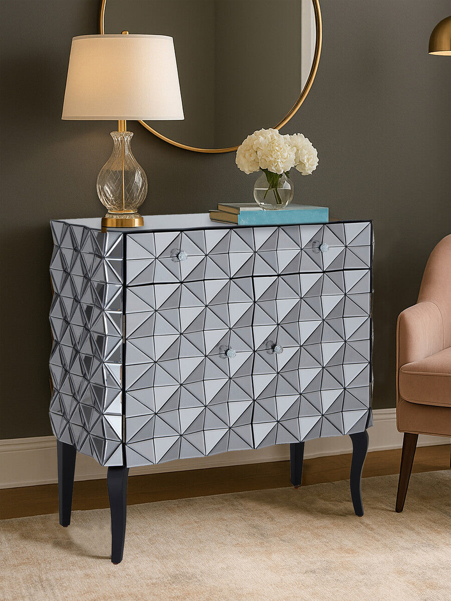 Orsina Soho Mirrored Accent Cabinet – Silver Geometric 2-Door Storage