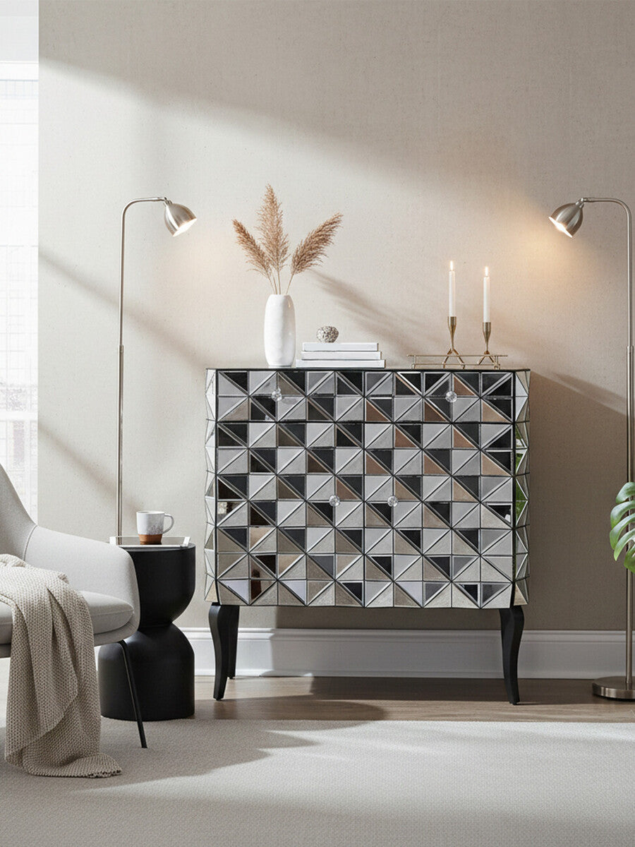 Orsina Soho Mirrored Accent Cabinet – Silver Geometric 2-Door Storage