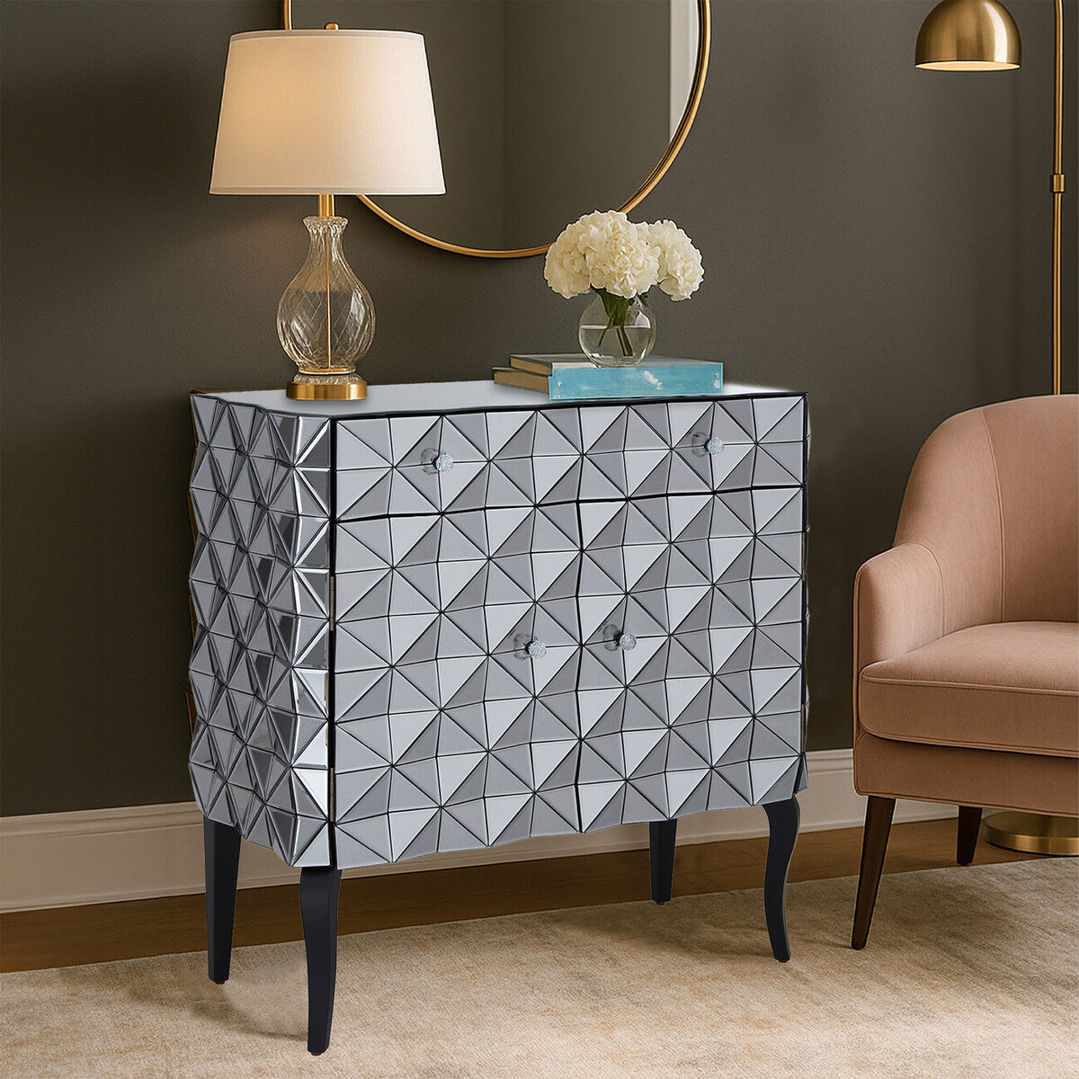 Orsina Soho Mirrored Accent Cabinet – Silver Geometric 2-Door Storage