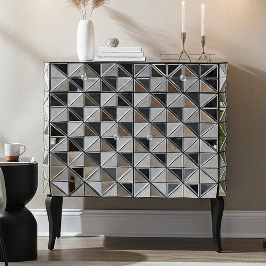 Orsina Soho Mirrored Accent Cabinet – Silver Geometric 2-Door Storage