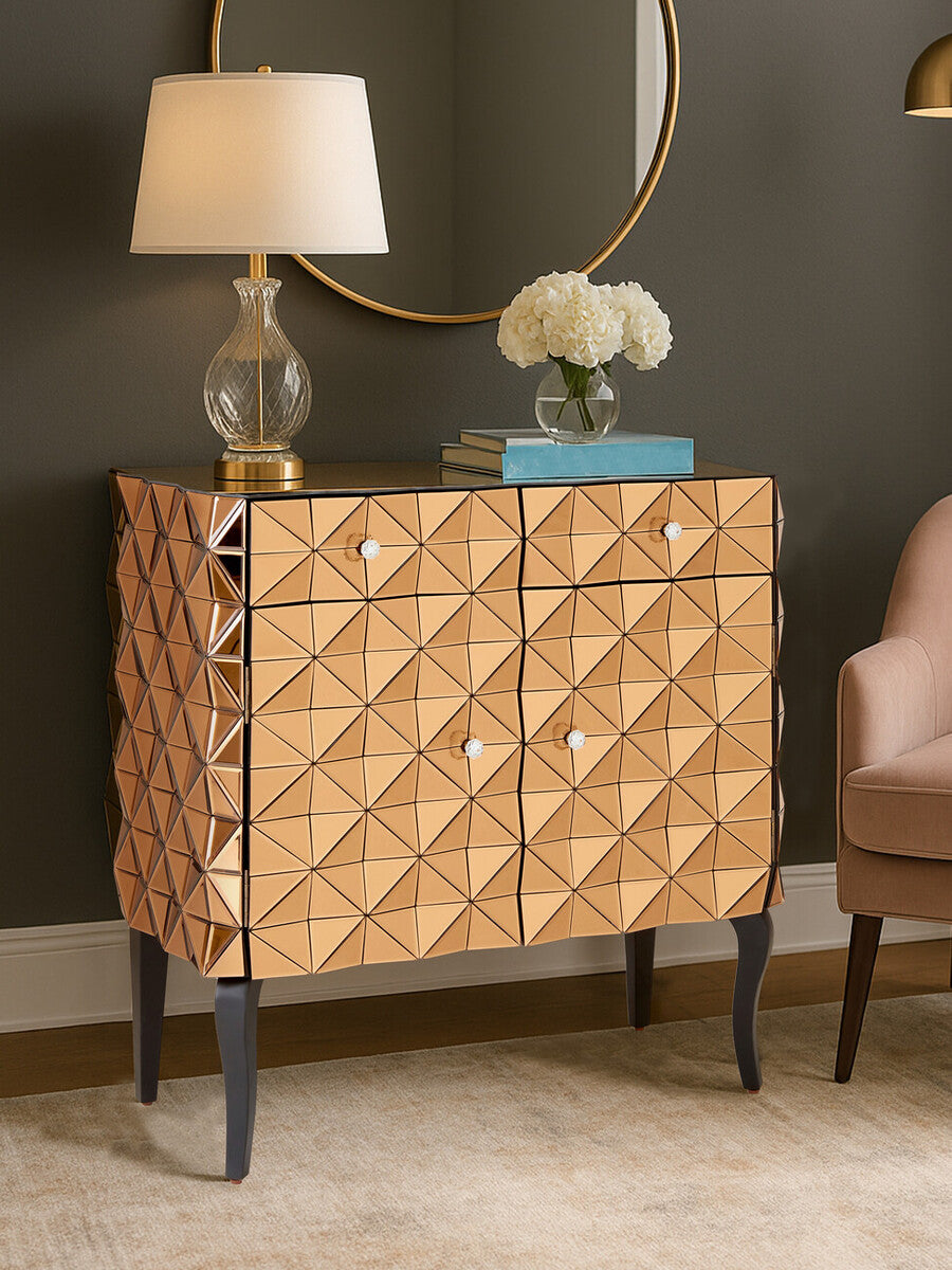 Orsina Soho Copper Finish Cabinet – 3D Mirrored Geometric Storage
