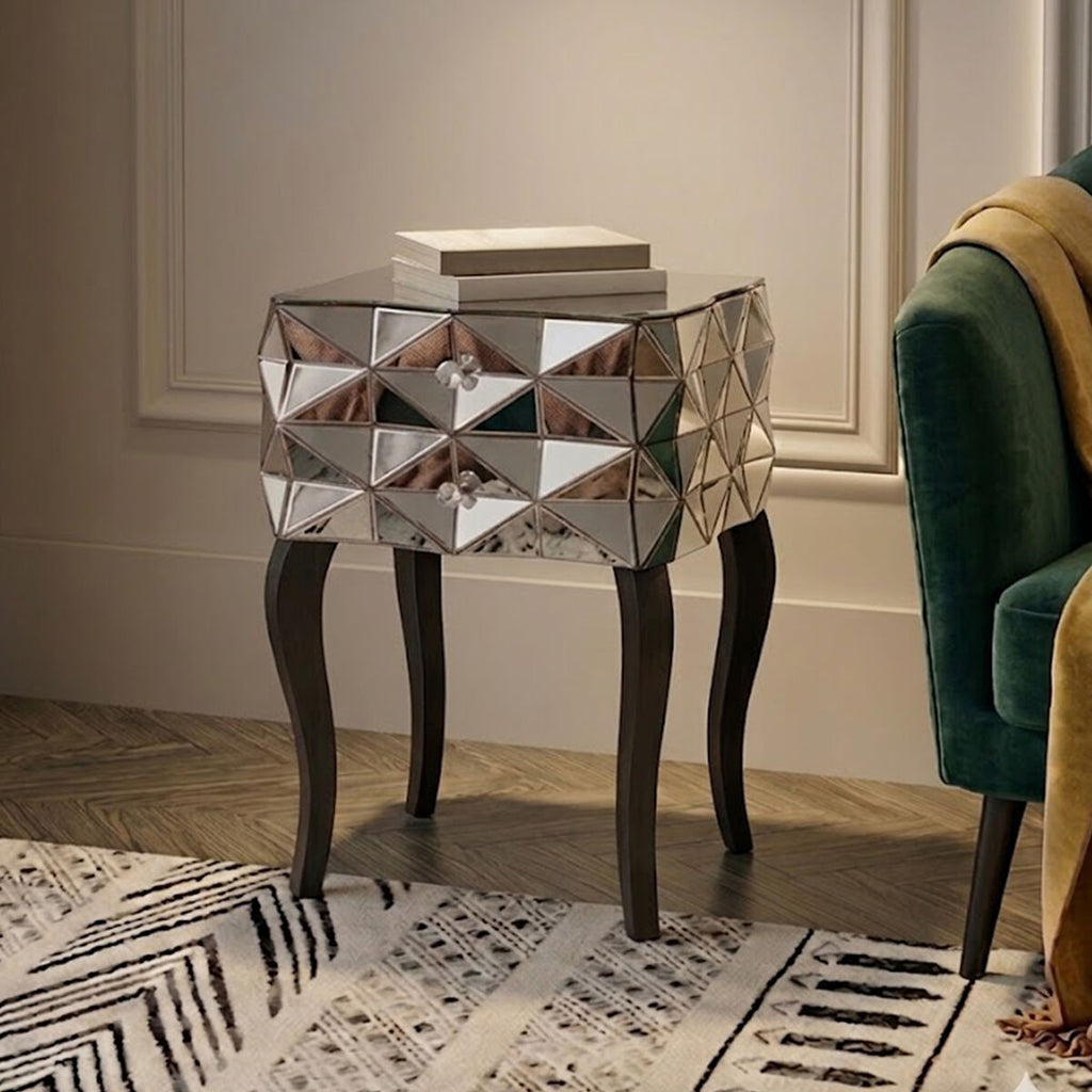 Orsina Soho Smoked Glass 2-Drawer Bedside Table with 3D Geometric Front