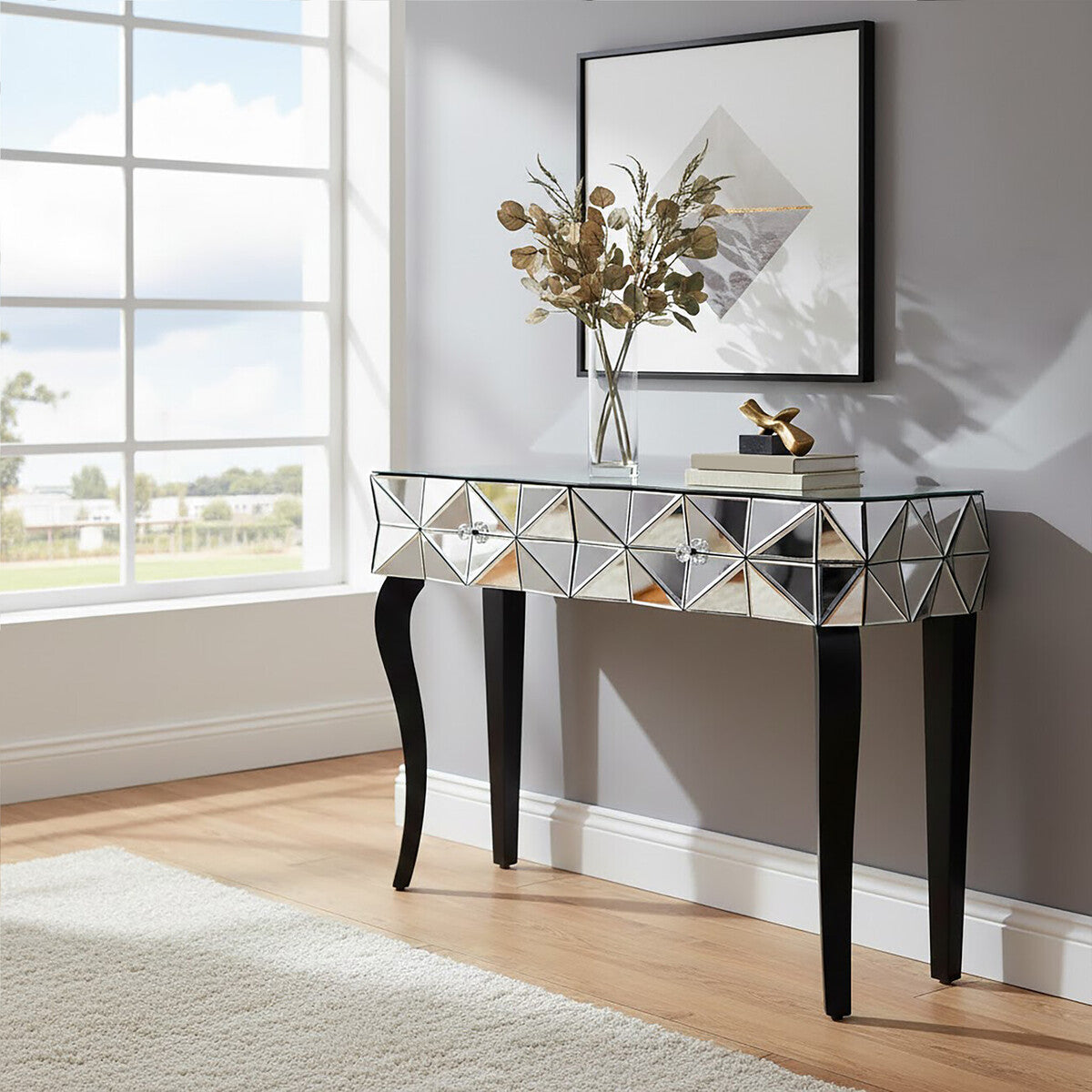 Orsina Smoke Mirrored Glass 2-Drawer Console Table with Silver Detail