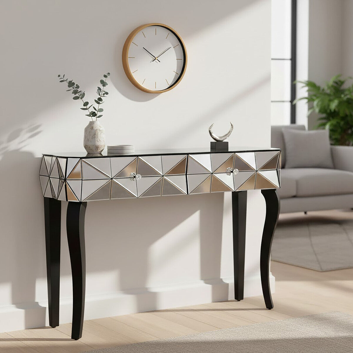 Orsina Smoke Mirrored Glass 2-Drawer Console Table with Silver Detail
