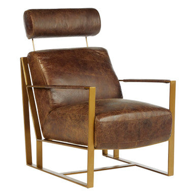 Orsina Hoxton Brown Leather Lounge Chair | Rose Gold Iron Frame