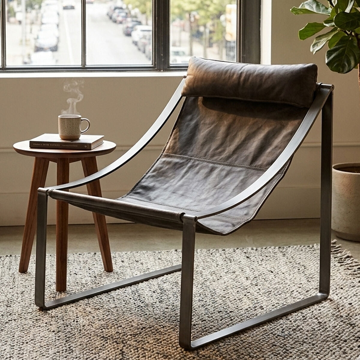 Orsina Hoxton Antique Black Leather Sling Chair – Modern Accent Seating
