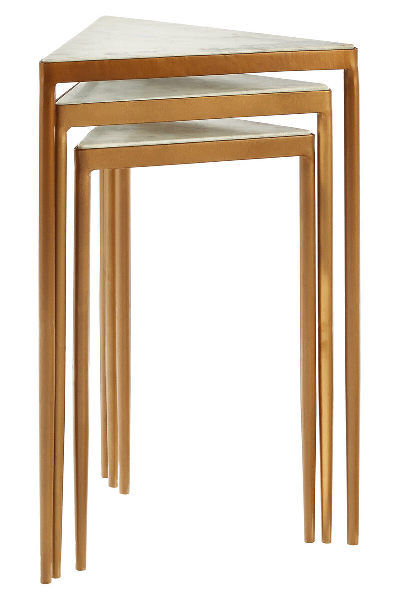 Orsina Set of 3 White Marble Nesting Tripod Tables with Gold Legs