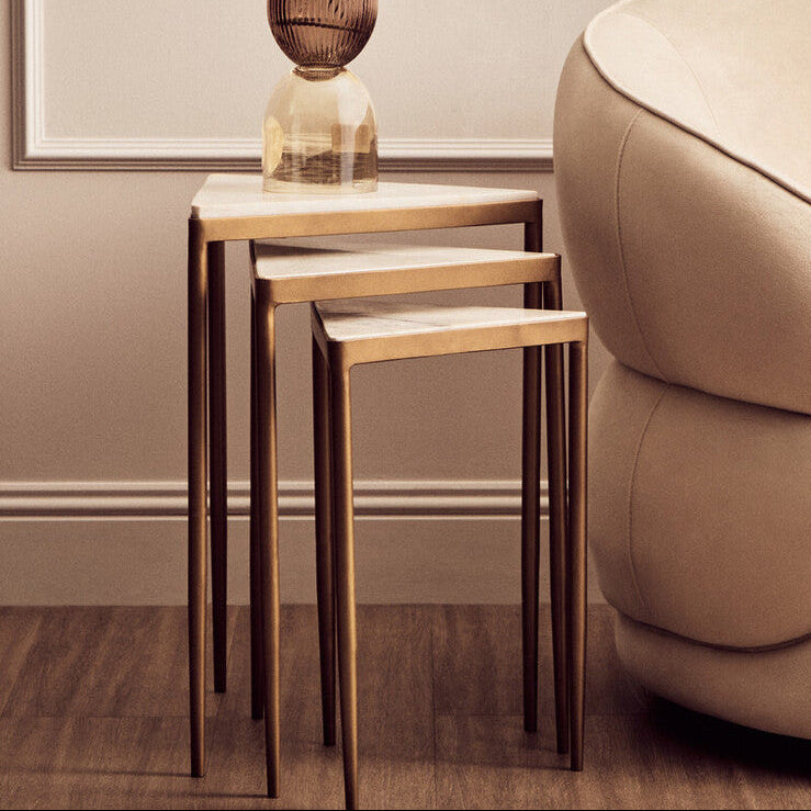 Orsina Set of 3 White Marble Nesting Tripod Tables with Gold Legs