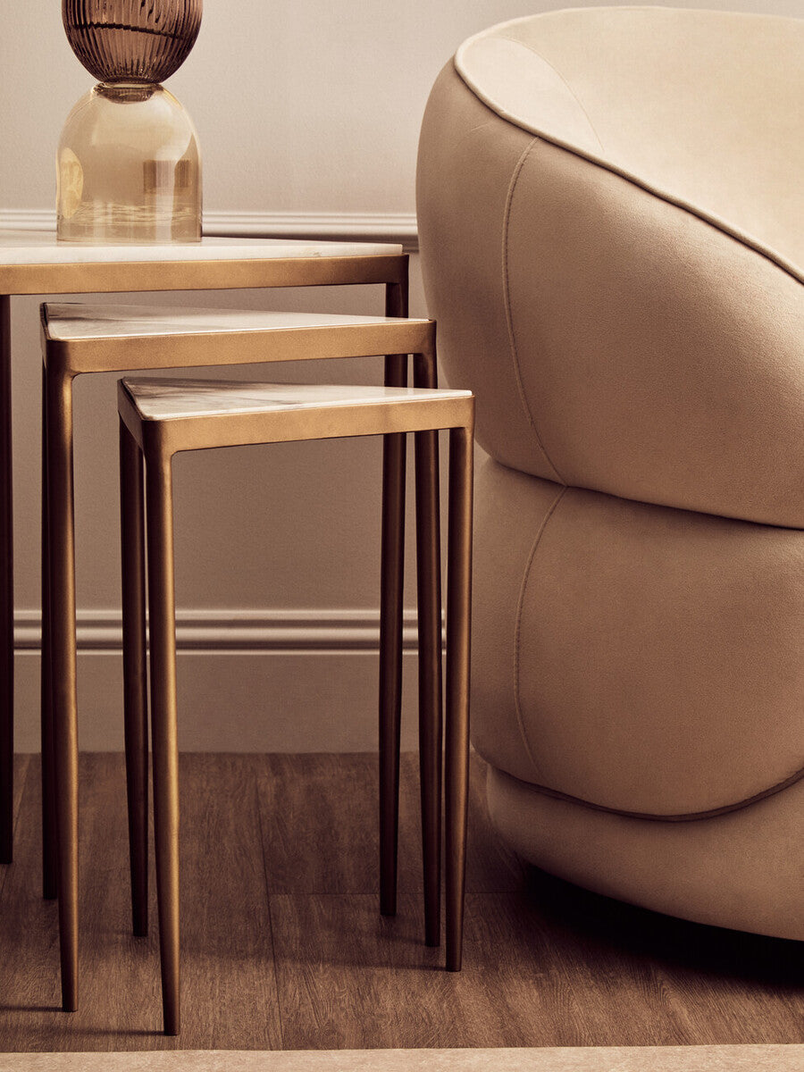 Orsina Set of 3 White Marble Nesting Tripod Tables with Gold Legs