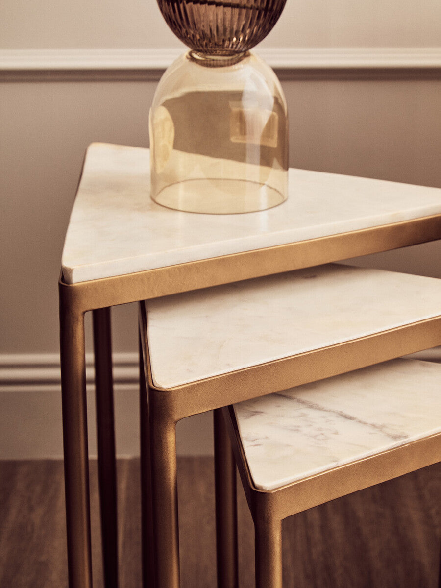 Orsina Set of 3 White Marble Nesting Tripod Tables with Gold Legs