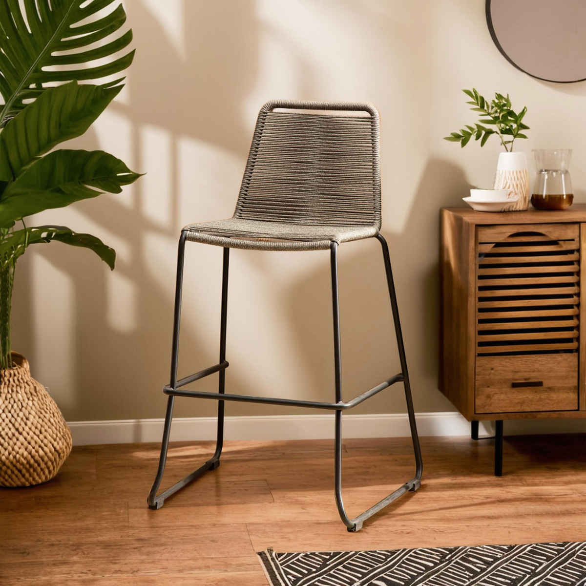 Orsina Sisal Grey Rope Bar Chair | Modern Black Iron Counter Stool