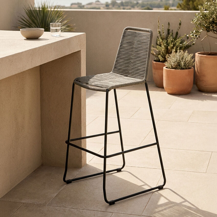Orsina Sisal Grey Rope Bar Chair | Modern Black Iron Counter Stool