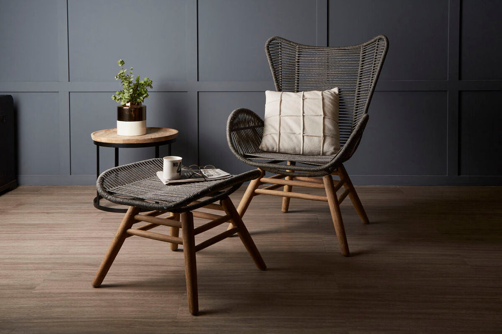 Orsina Sisal Grey Rope Lounge Chair and Footstool – Steel & Wood