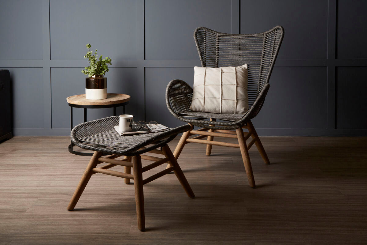 Orsina Sisal Grey Rope Lounge Chair and Footstool – Steel & Wood