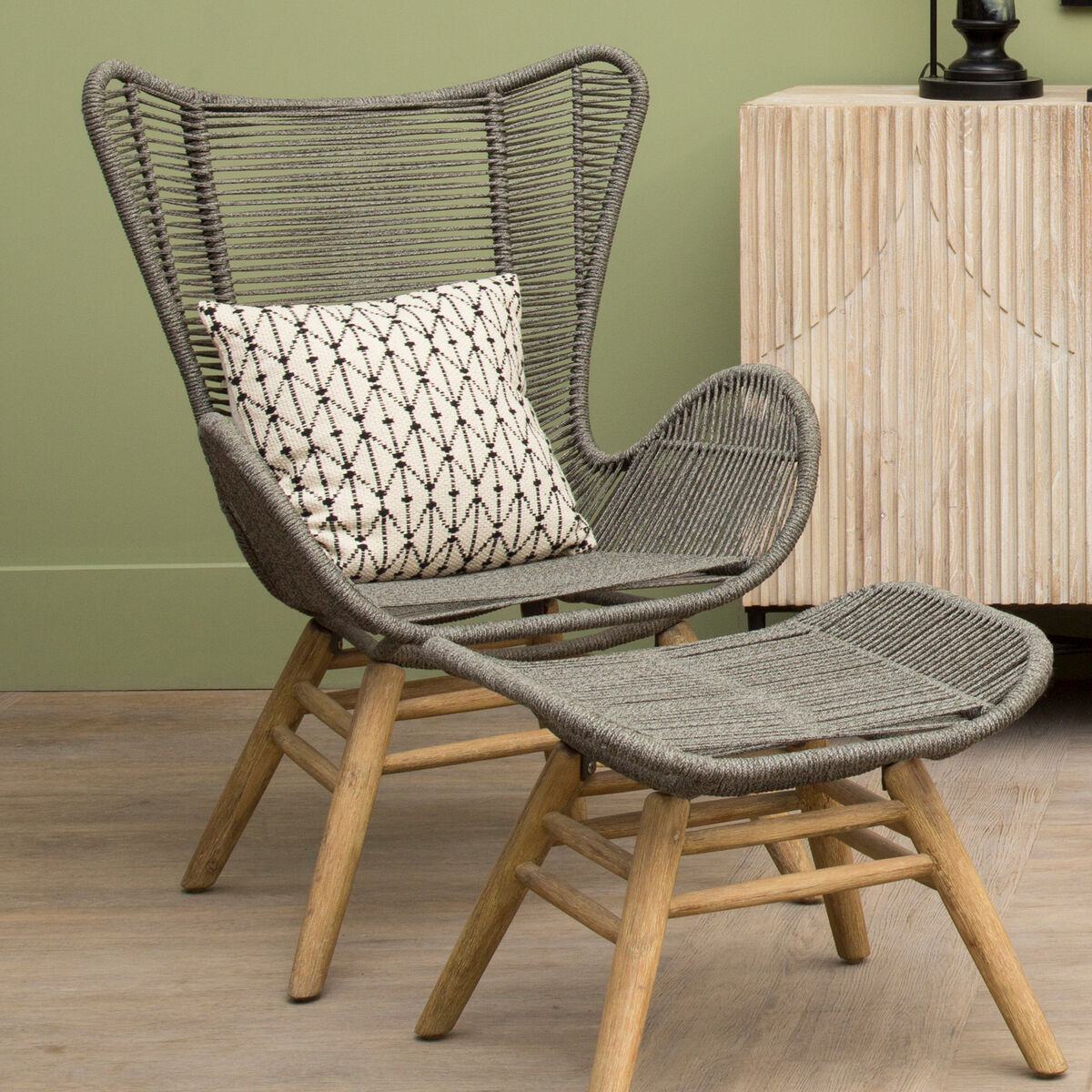 Orsina Sisal Grey Rope Lounge Chair and Footstool – Steel & Wood