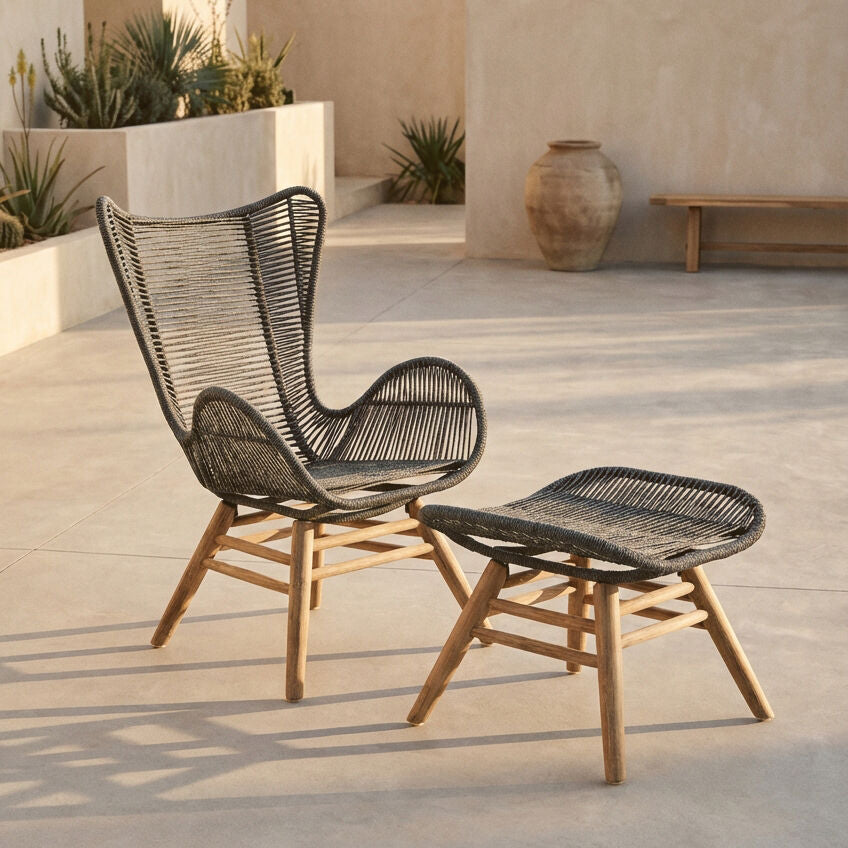 Orsina Sisal Grey Rope Lounge Chair and Footstool – Steel & Wood