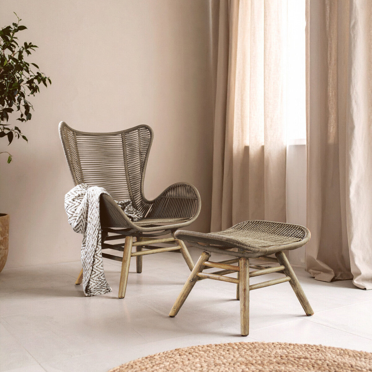 Orsina Sisal Latte Rope Lounge Chair and Footstool – Steel & Wood