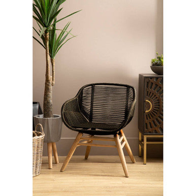 Orsina Sisal Black Rope Armchair | Modern Iron and Wood Accent Chair