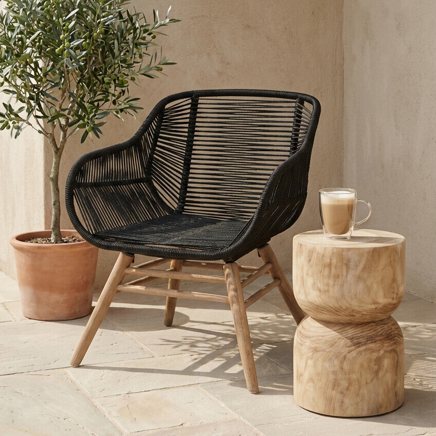 Orsina Sisal Black Rope Armchair | Modern Iron and Wood Accent Chair