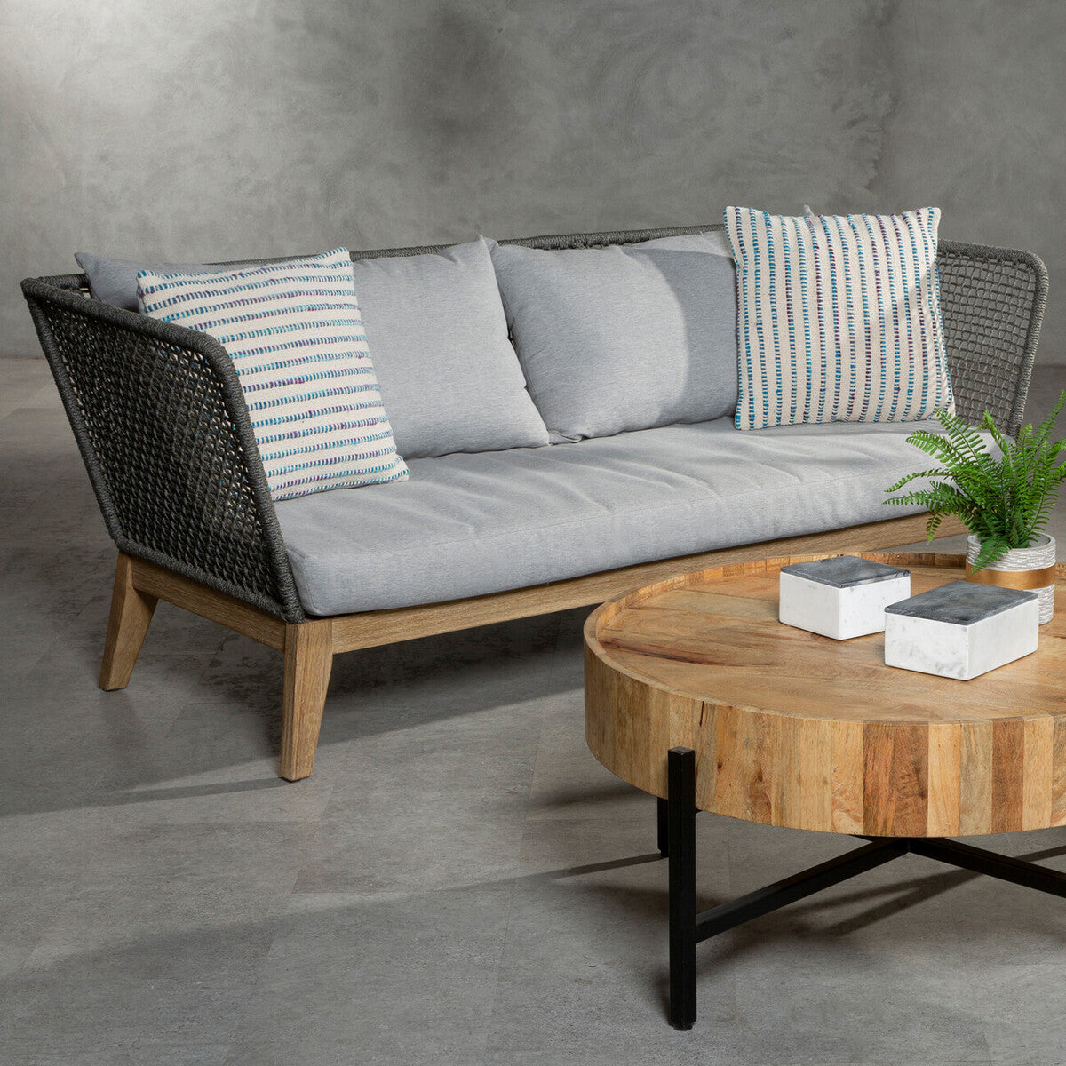 Orsina Opus 3 Seater Grey Sofa | Mid-Century Woven Rope Couch