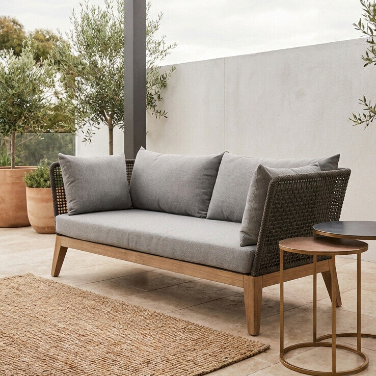 Orsina Opus 3 Seater Grey Sofa | Mid-Century Woven Rope Couch