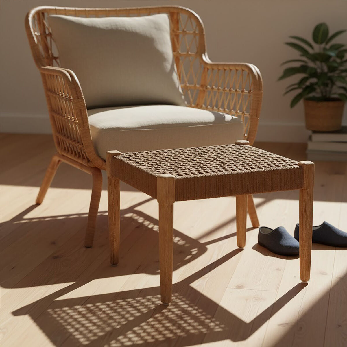 Orsina Opus Woven Rope Footstool – Eucalyptus Wood Scandi Ottoman