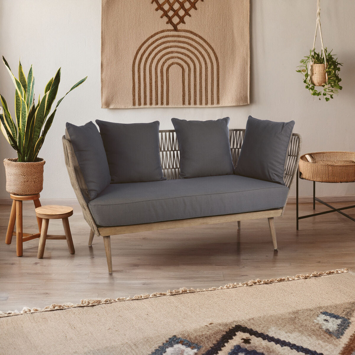 Orsina Opus 2 Seater Rope Sofa – Eucalyptus Wood & Grey Loveseat