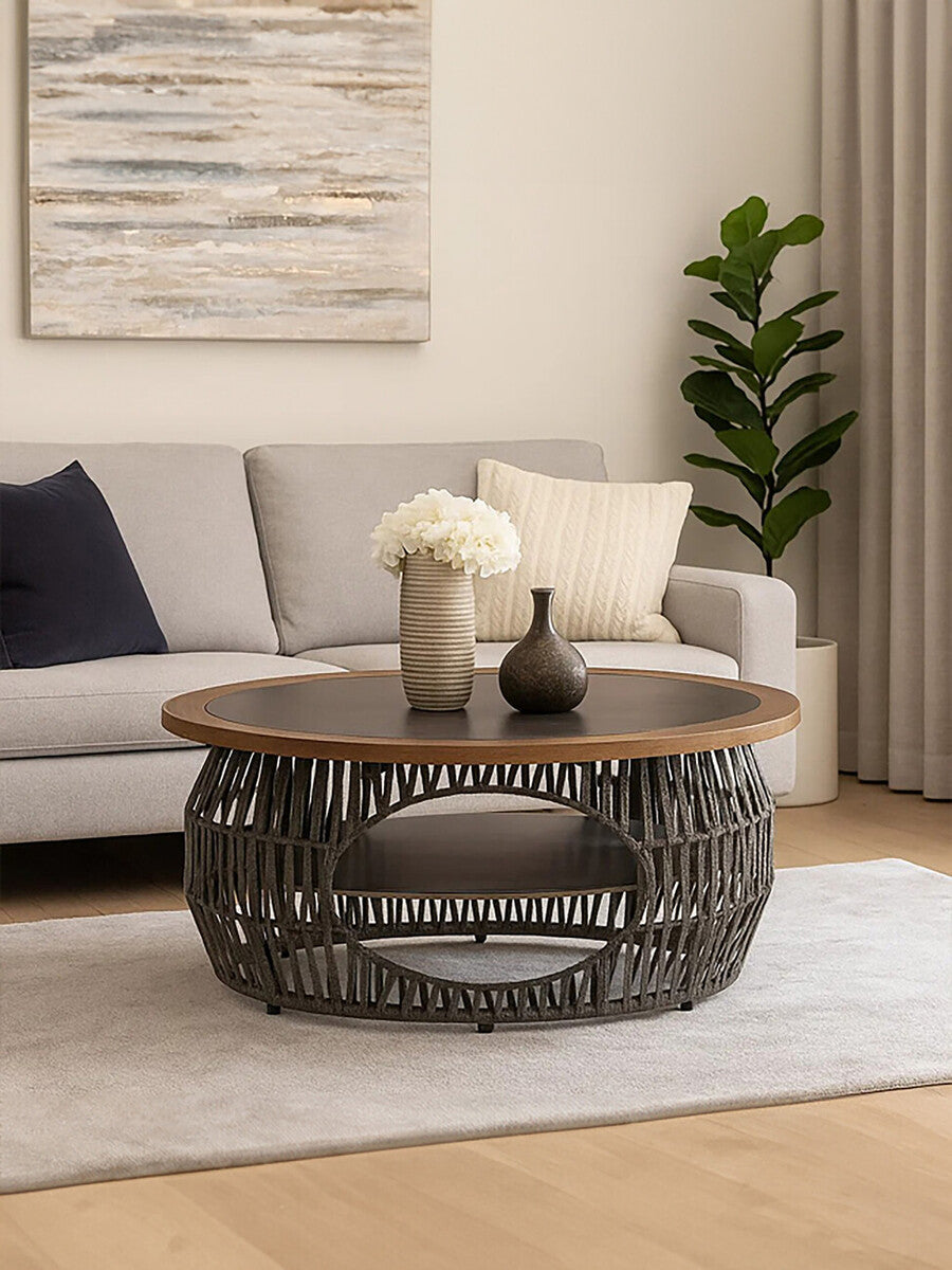 Opus Coffee Table by Orsina – Grey Stone and Wood with Storage Shelf