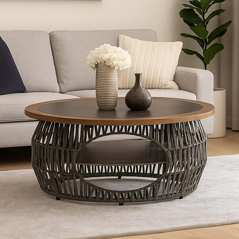 Opus Coffee Table by Orsina – Grey Stone and Wood with Storage Shelf