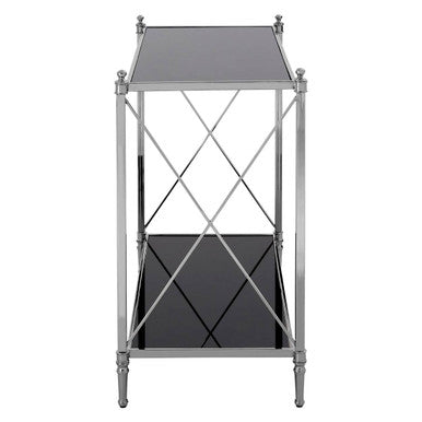 Orsina Hoffmann Black Mirrored Glass 2-Tier Console Table | Nickel Finish