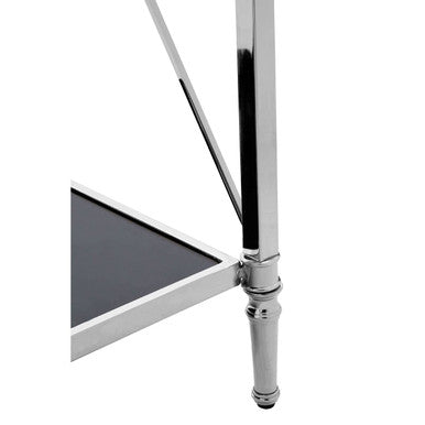 Orsina Hoffmann Black Mirrored Glass 2-Tier Console Table | Nickel Finish