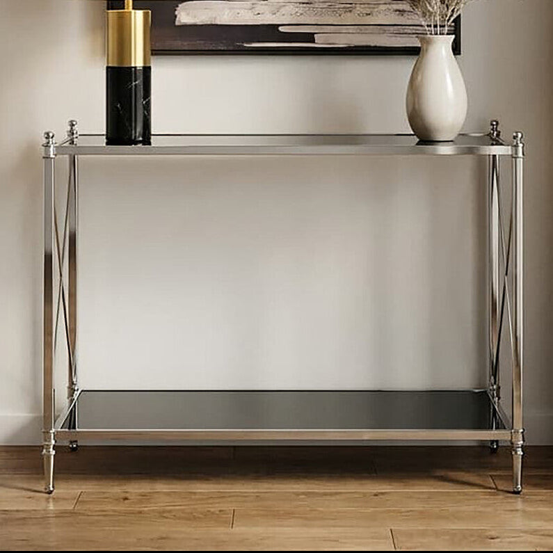 Orsina Hoffmann Black Mirrored Glass 2-Tier Console Table | Nickel Finish