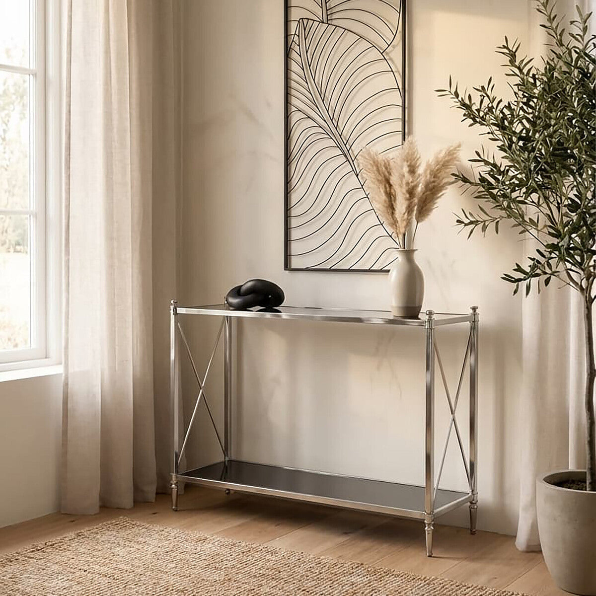 Orsina Hoffmann Black Mirrored Glass 2-Tier Console Table | Nickel Finish