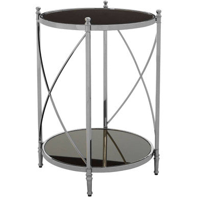 Orsina Hoffmann 2-Tier Round Side Table | Black Mirrored Glass & Silver
