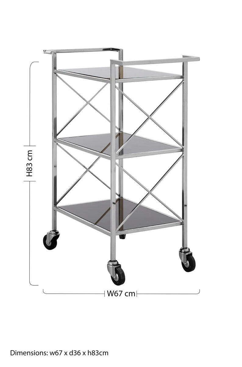Orsina Hoffmann 3-Tier Bar Cart – Black Mirrored Glass & Silver