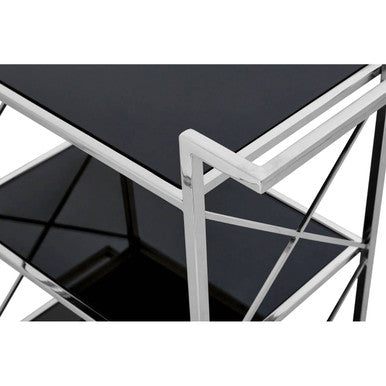 Orsina Hoffmann 3-Tier Bar Cart – Black Mirrored Glass & Silver
