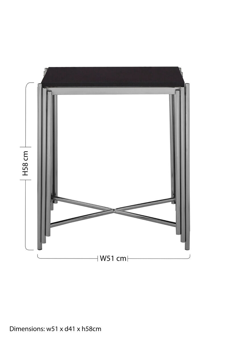 Orsina Clarice Art Deco Side Table | Black Granite & Silver Finish