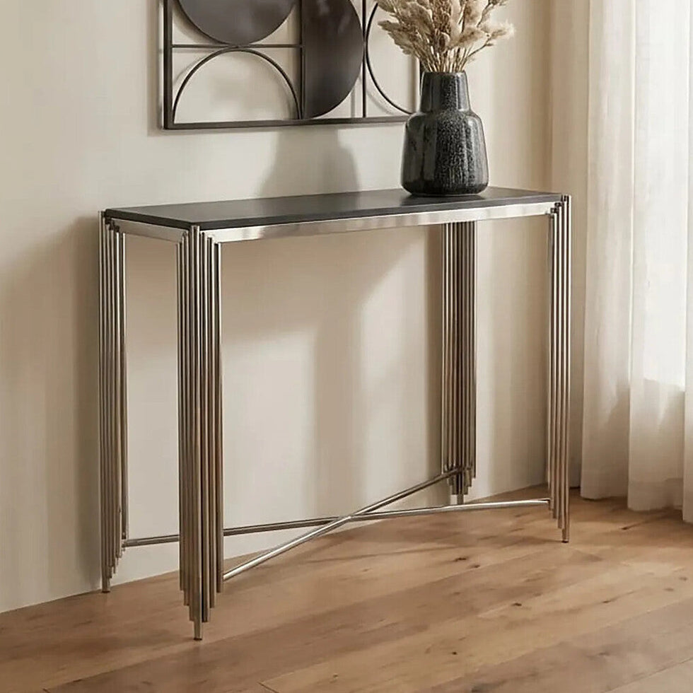 Orsina Clarice Art Deco Console Table | Black Granite & Silver