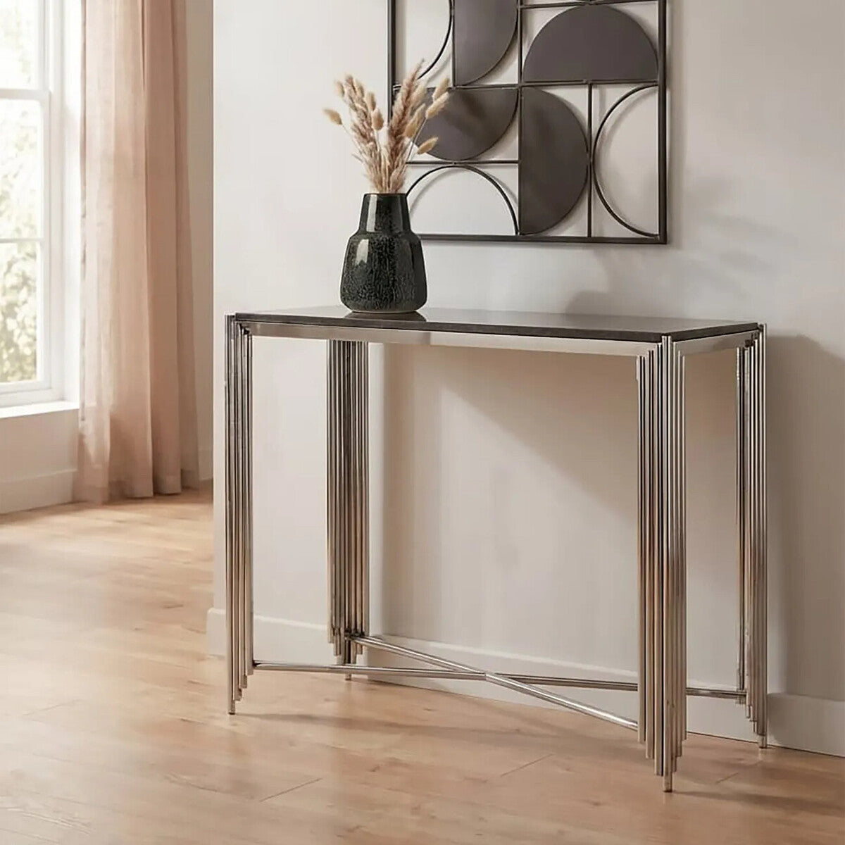 Orsina Clarice Art Deco Console Table | Black Granite & Silver