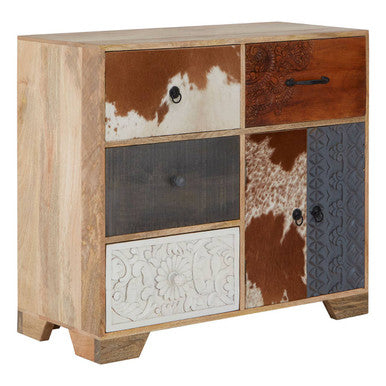 Orsina Marwar Tall Sideboard – Wood Storage Cabinet with Cowhide