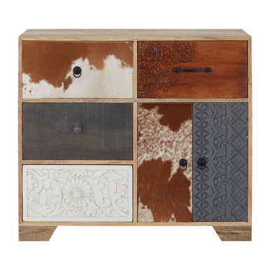 Orsina Marwar Tall Sideboard – Wood Storage Cabinet with Cowhide