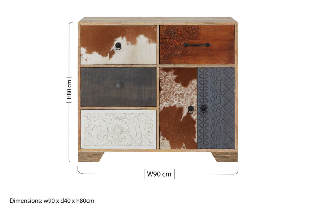 Orsina Marwar Tall Sideboard – Wood Storage Cabinet with Cowhide