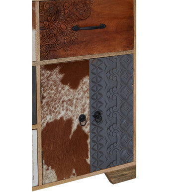 Orsina Marwar Tall Sideboard – Wood Storage Cabinet with Cowhide