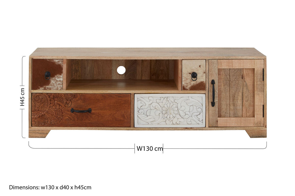 Orsina Marwar Mango Wood Media Unit – 4-Drawer Carved TV Console