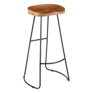 Orsina Nandri Acacia Wood Bar Stool | Carved Seat & Black Iron Frame