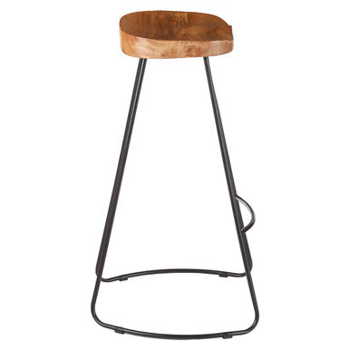 Orsina Nandri Acacia Wood Bar Stool | Carved Seat & Black Iron Frame