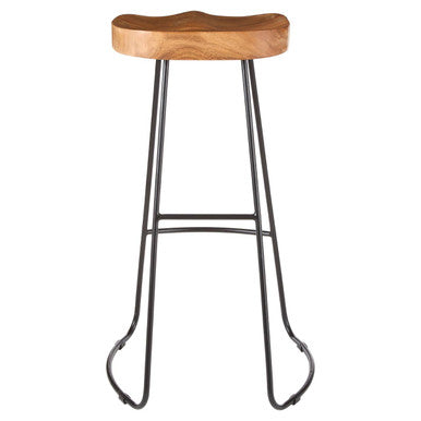 Orsina Nandri Acacia Wood Bar Stool | Carved Seat & Black Iron Frame